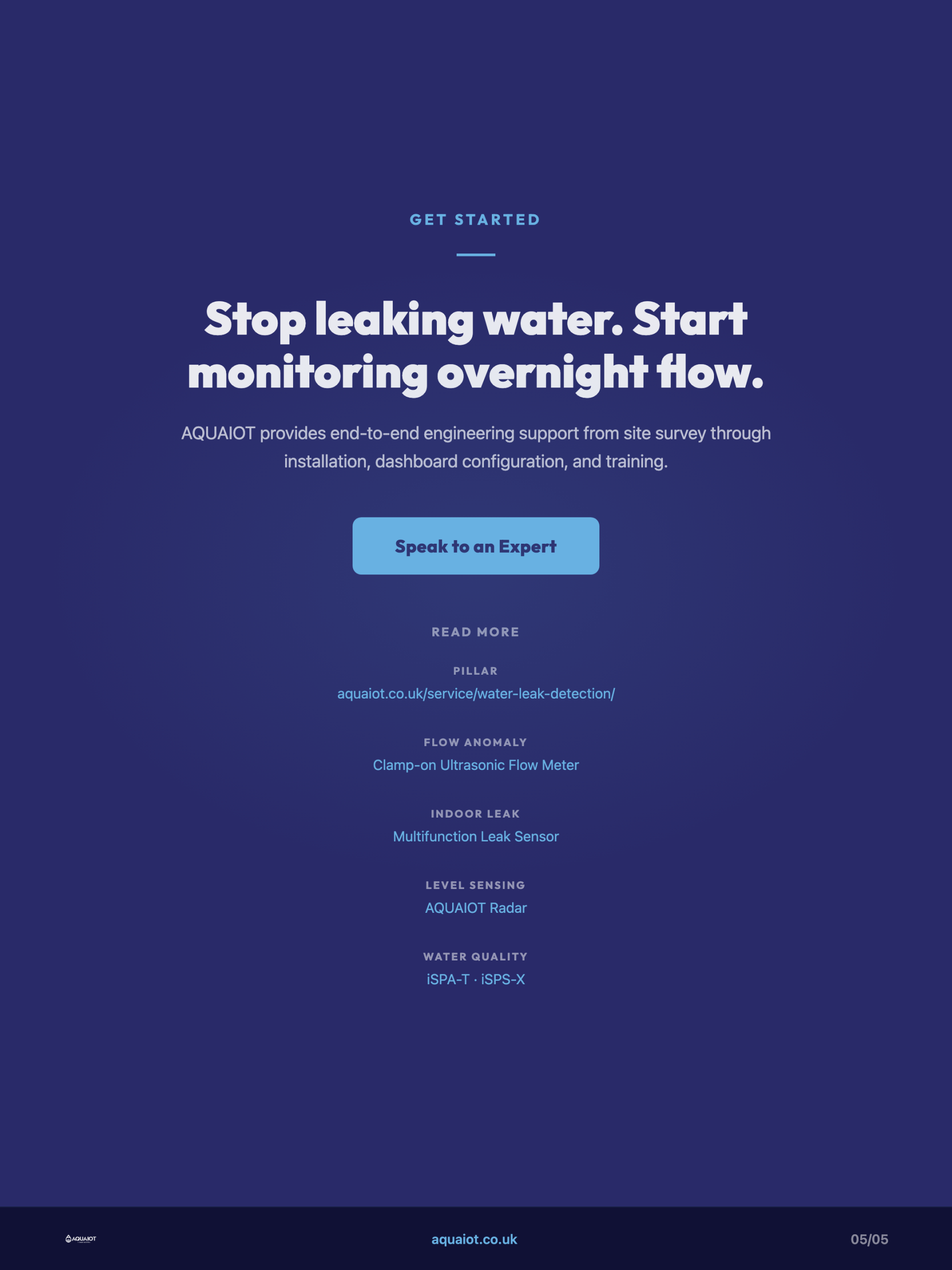 Call-to-action slide urging UK estates to stop leaking water and start monitoring overnight flow, listing the AQUAIOT leak detection service and its flow, leak, level, and water quality products.