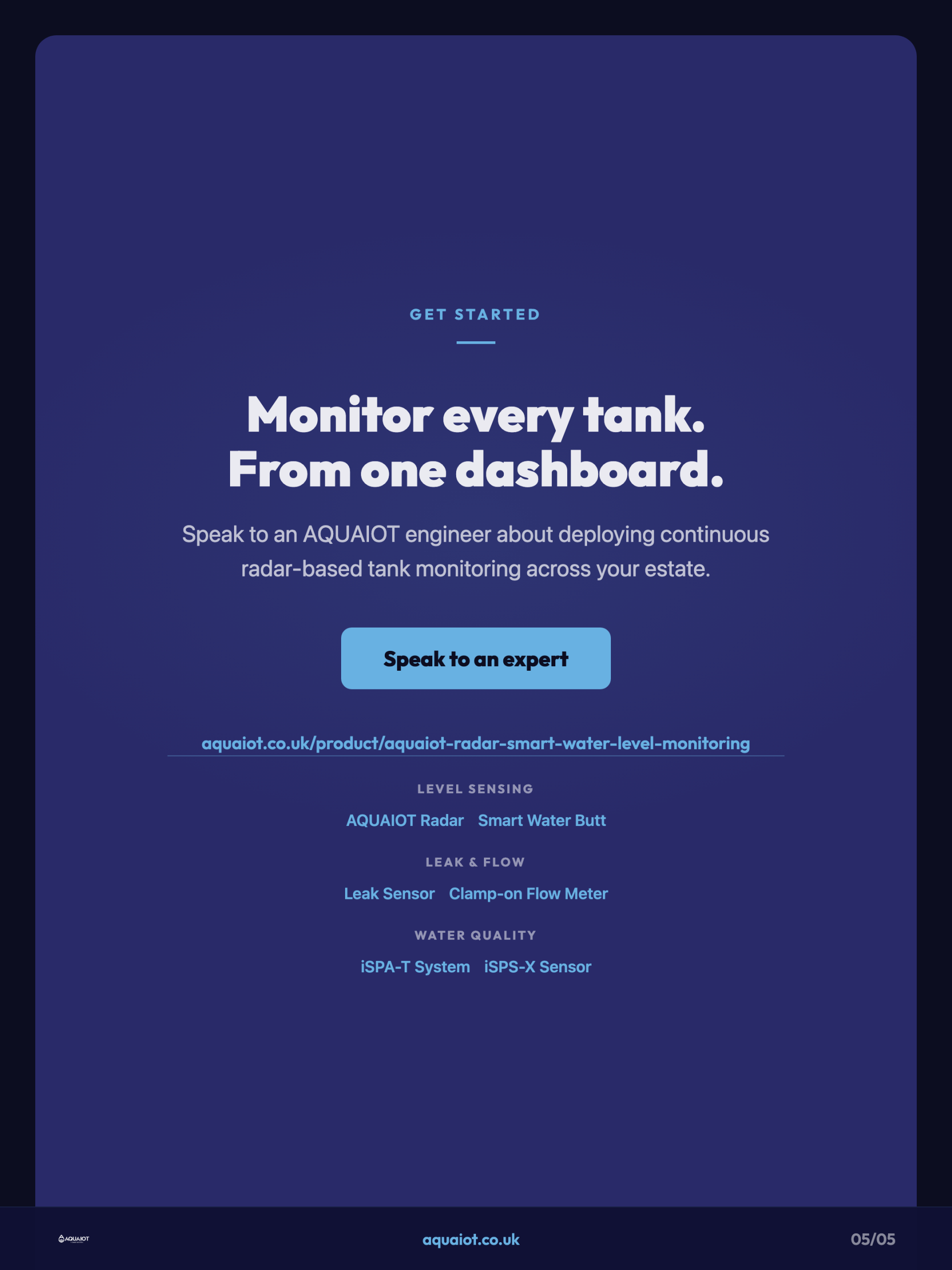 Call-to-action slide inviting UK teams to monitor every tank from one dashboard, listing the AQUAIOT Radar, Smart Water Butt, leak sensor, clamp-on flow meter, and iSPA-T and iSPS-X products.