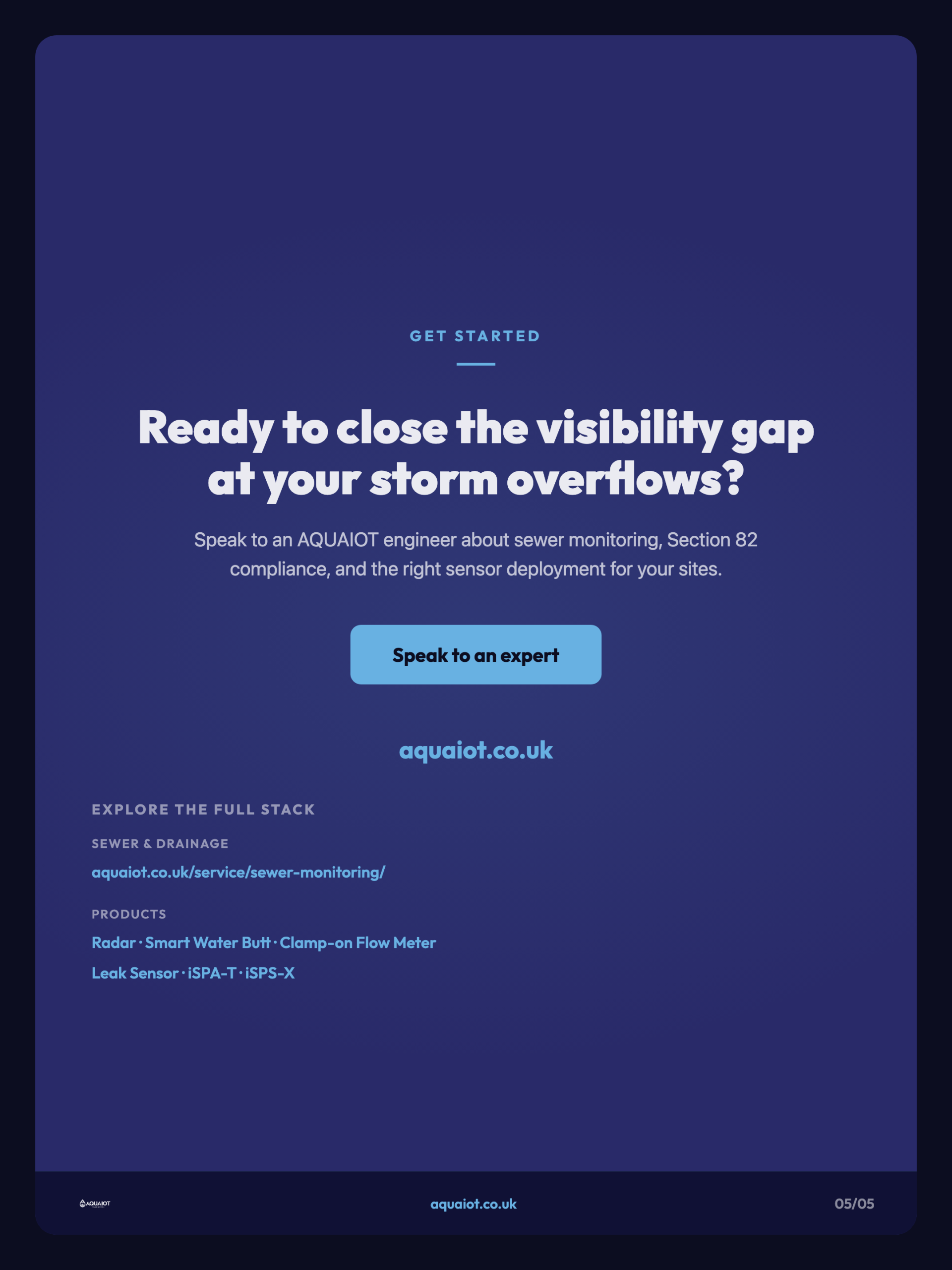 AQUAIOT call to action for storm overflow monitoring with links to sewer monitoring service and product pages