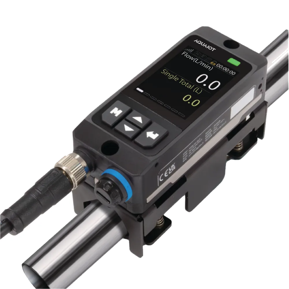 The AQUAIOT clamp-on ultrasonic flow meter fitted on a pipe