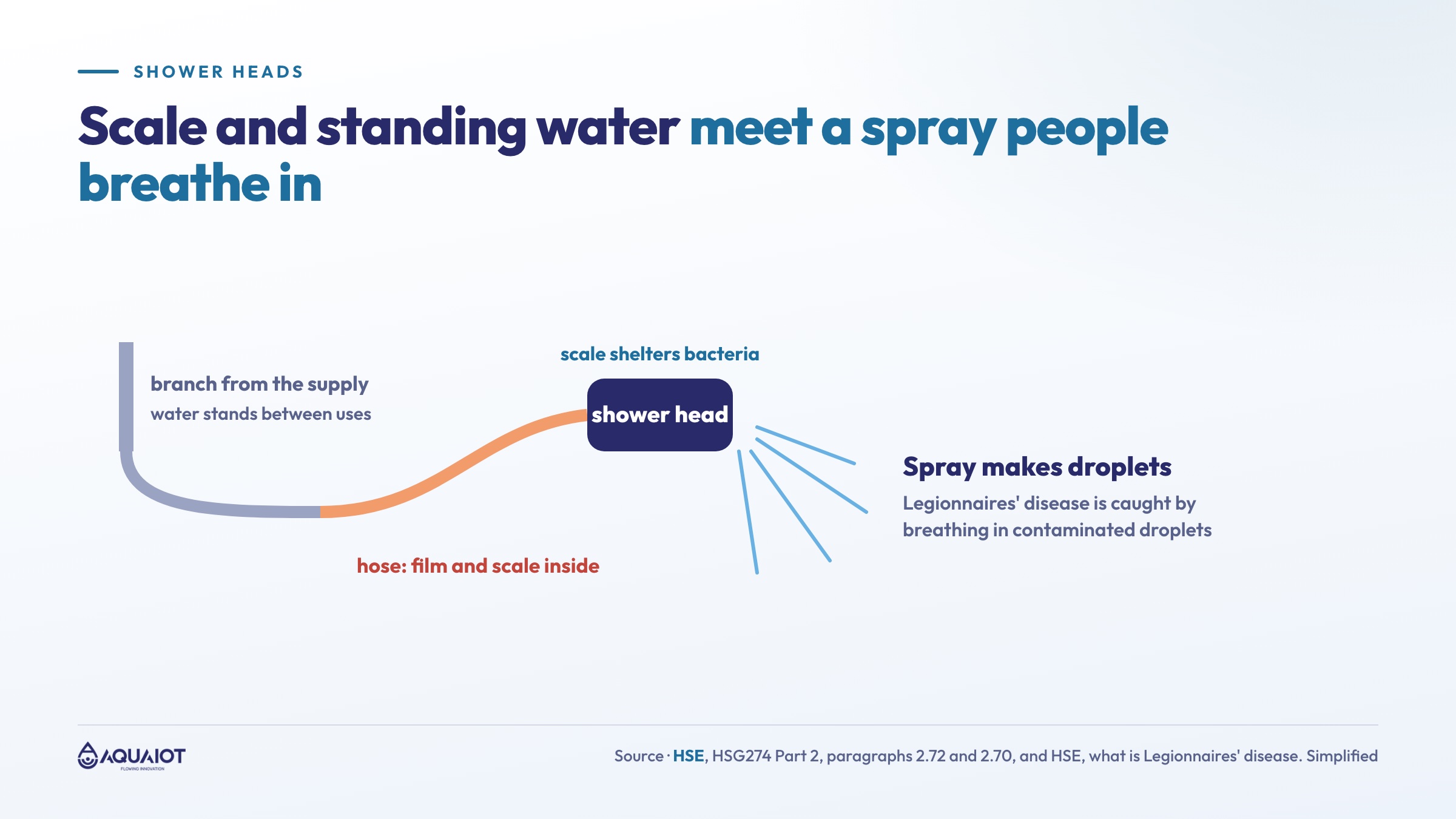Shower heads and Legionella: scale and standing water in the head, hose and branch create a home for bacteria, and the spray carries droplets to the person using the shower